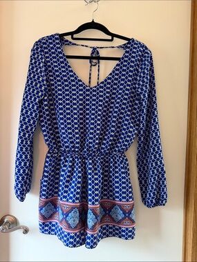 one clothing Royal Blue Printed Long-Sleeve Romper with Border Detail